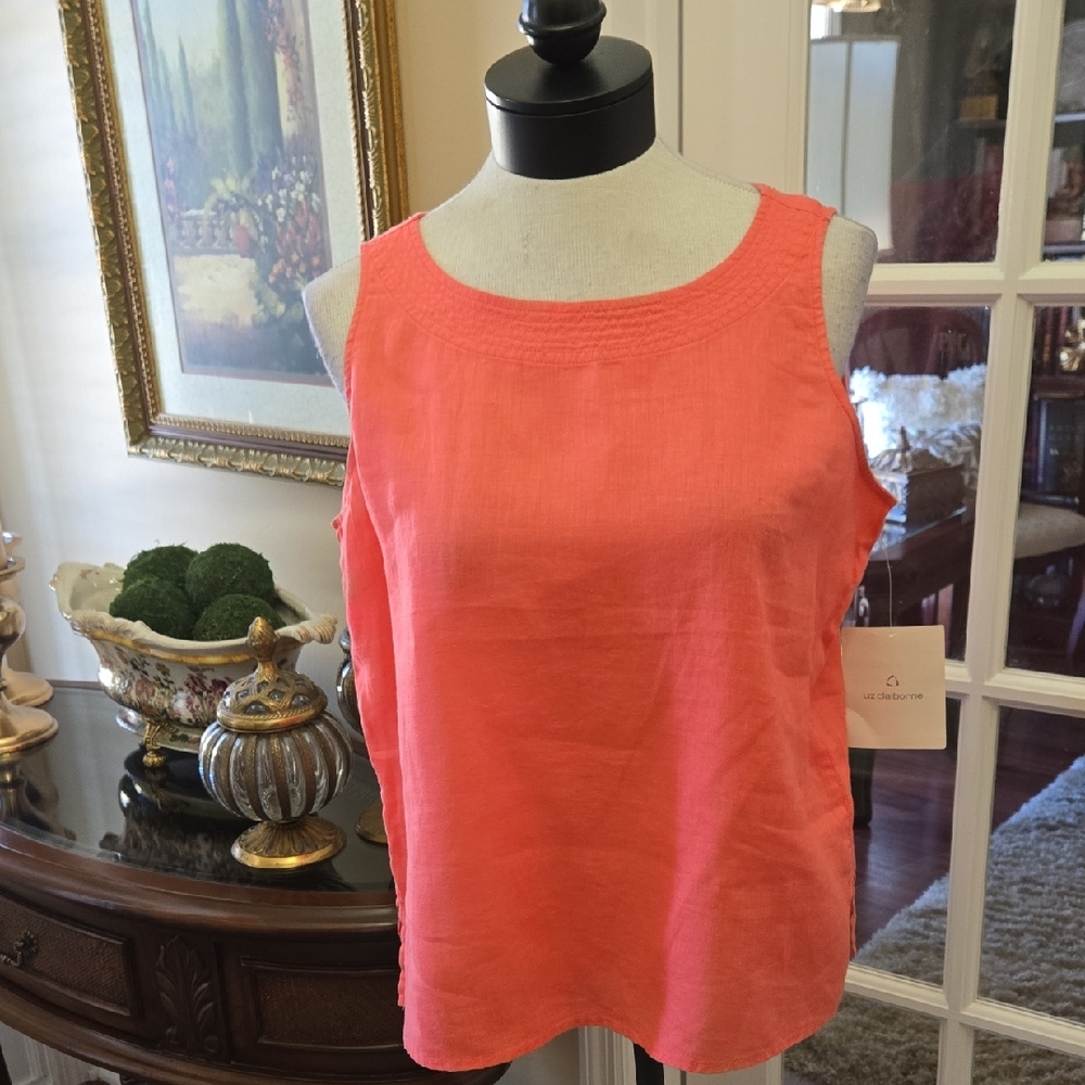 Liz Claiborne Vibrant Coral Sleeveless Top 100% Linen Size Large NEW WITH TAGS